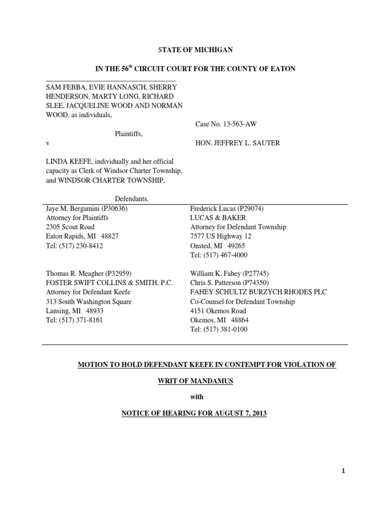 Motion for Contempt of Court Writ Board Of Directors