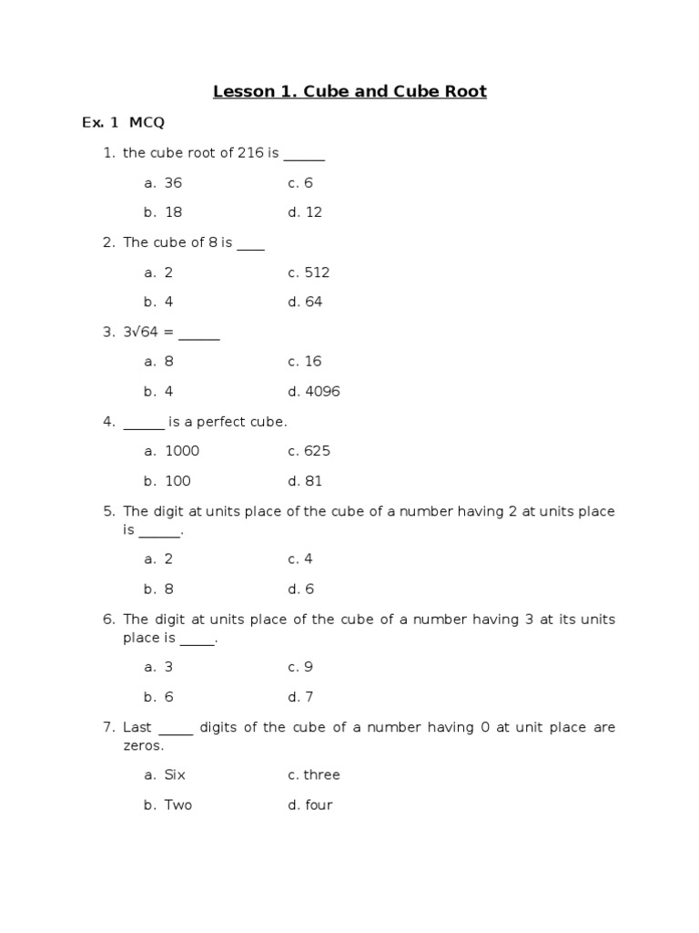 Lesson 1. Cube and Cube Root: Ex. 1 MCQ | PDF | Number Theory | Arithmetic