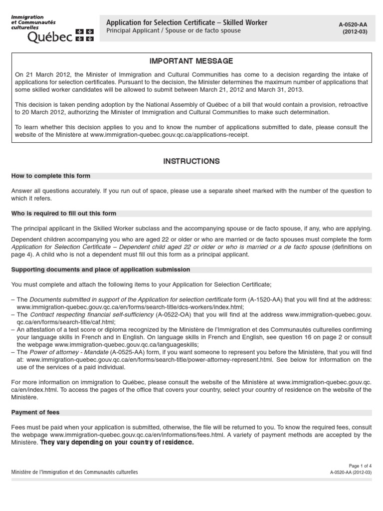 Quebec Skilled Worker Certificate Application | PDF | Quebec | Marriage
