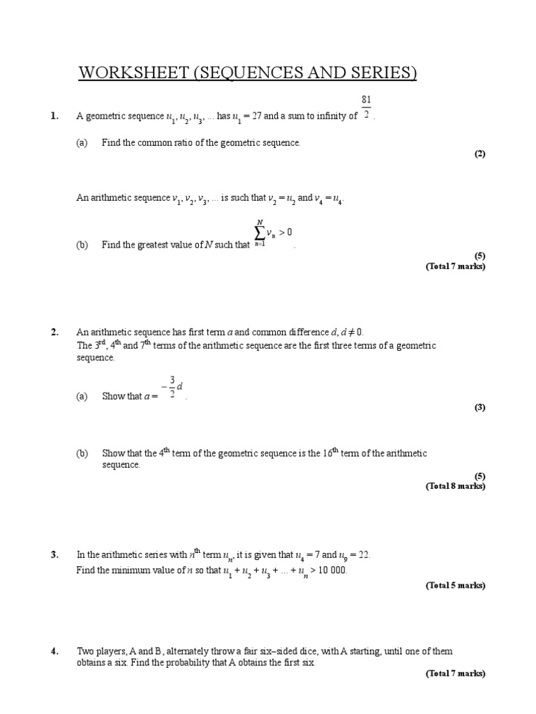 Geometric Sequence and Series Worksheet - Free Worksheet