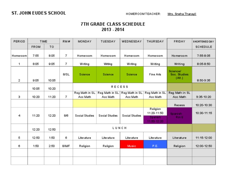 7th Grade Schedule 2013-2014 | PDF