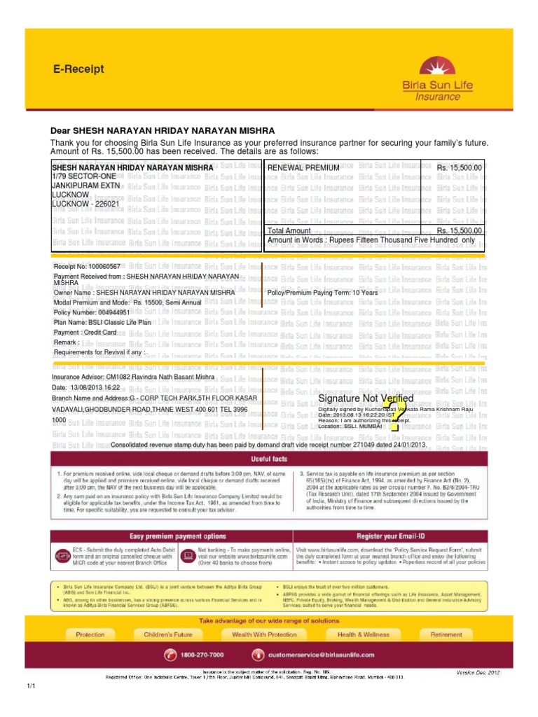 Birla Sun Life Insurance Renewal Receipt | PDF | Finance & Money Management