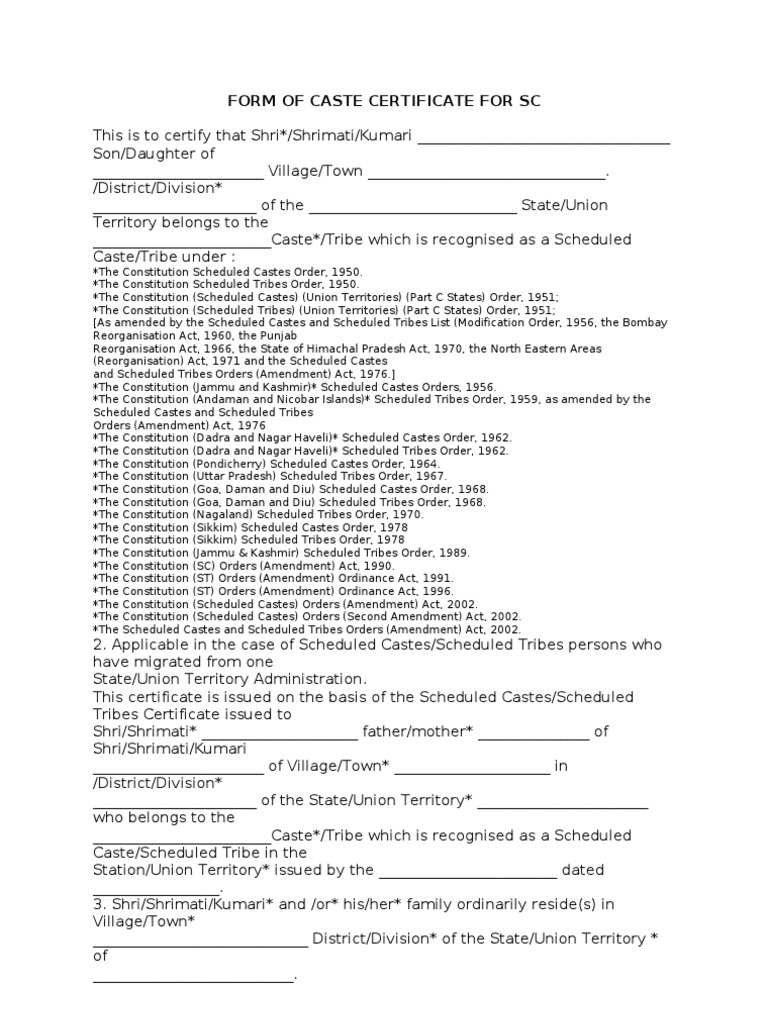 Form of Caste Certificate For SC | PDF