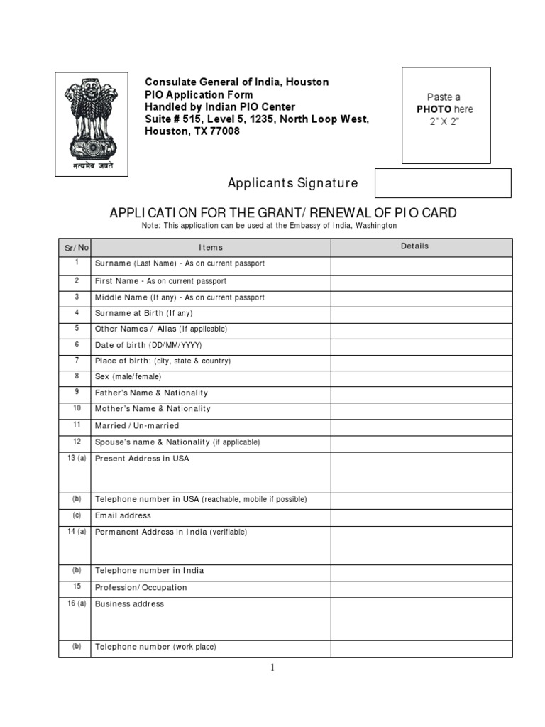 Applicants Signature Application For The Grant/Renewal of Pio Card ...