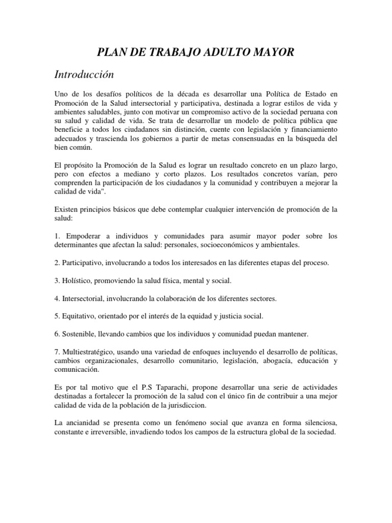 Plan de Trabajo para Adultos Mayores | PDF | Vejez | Adultos