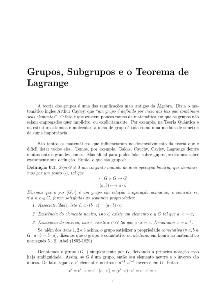 Grupos, Subgrupos e o Teorema de Lagrange PDF Grupo (Matemática
