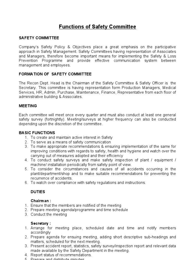 Safety Committee Roles and Functions | PDF | Safety | Traffic Collision