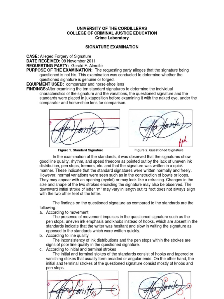 Forensic Handwriting Analysis Report Questioned Signature Determined