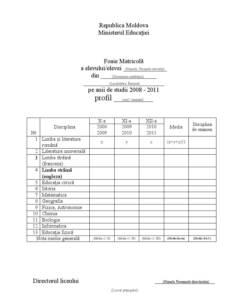 Foaie Matricola Model | PDF
