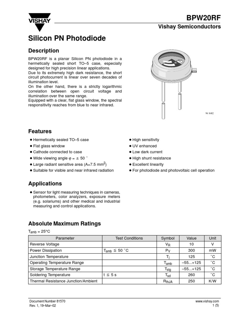 BPW20RF Data Sheets | PDF | Infrared | Electromagnetism