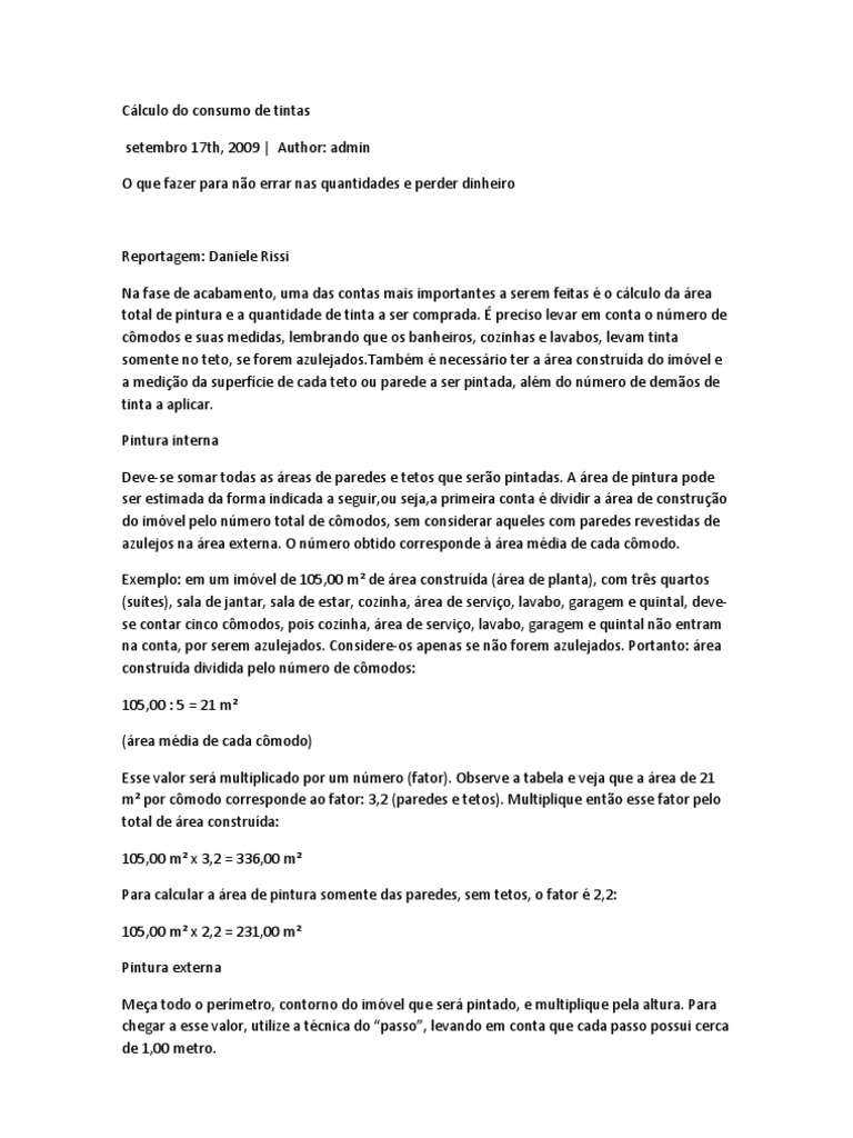 Cálculo da Quantidade de Tinta para Pintura | PDF