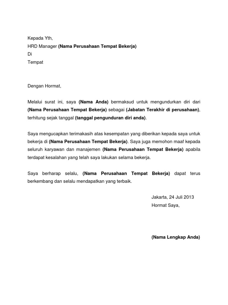 Contoh Surat Pengunduran Diri