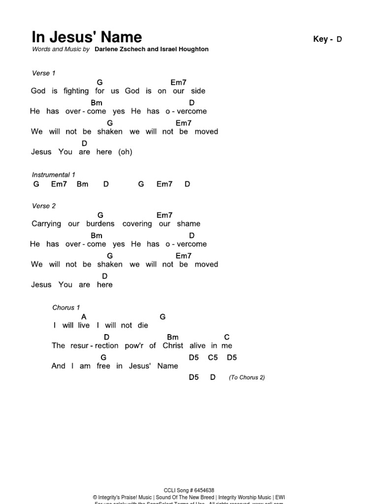 In Jesus Name Chords D Carrying our burdens covering our shame he has overcome yes he has overcome we will not be shaken we will not be moved jesus you are here. in jesus name chords d