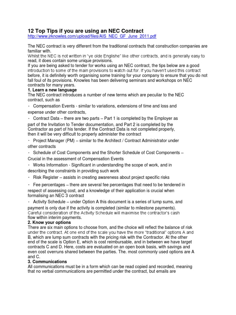 NEC Contract Tips for Contractors | PDF | Option (Finance) | General ...