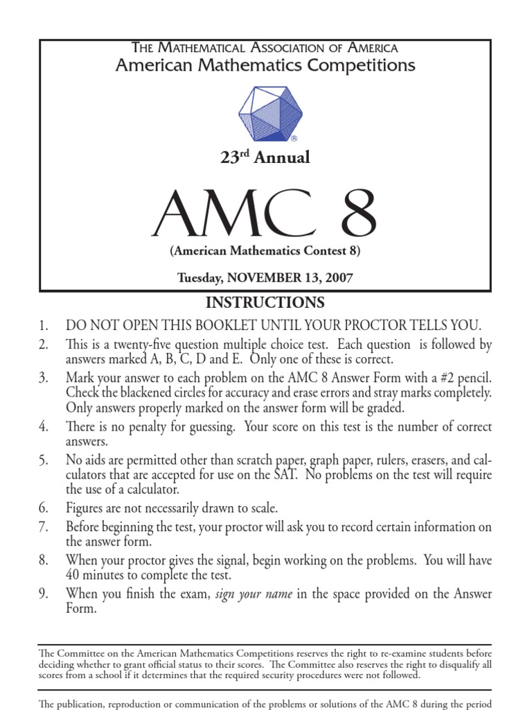 2007 AMC 8 Practice Test (Released) PDF Teaching Mathematics Science