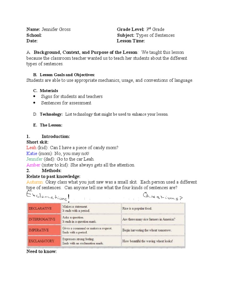 Types of Sentences Lesson Plan for Grade 3 | PDF | Lesson Plan | Semiotics