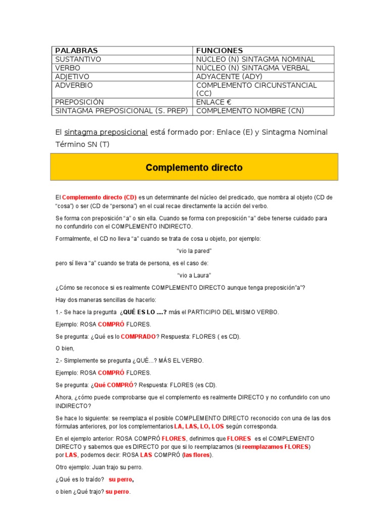Complemento Directo e Indirecto | PDF | Objeto (gramática) | Predicado ...