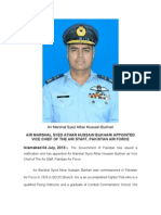 Air Marshal Syed Athar Hussain Bukhari Appointed Vice Chief of The Air Staff, Pakistan Air Force Islamabad 04 July, 2013