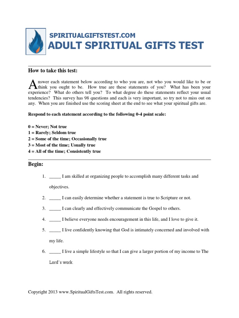 Adult Spiritual Gifts Test Revelation Jesus