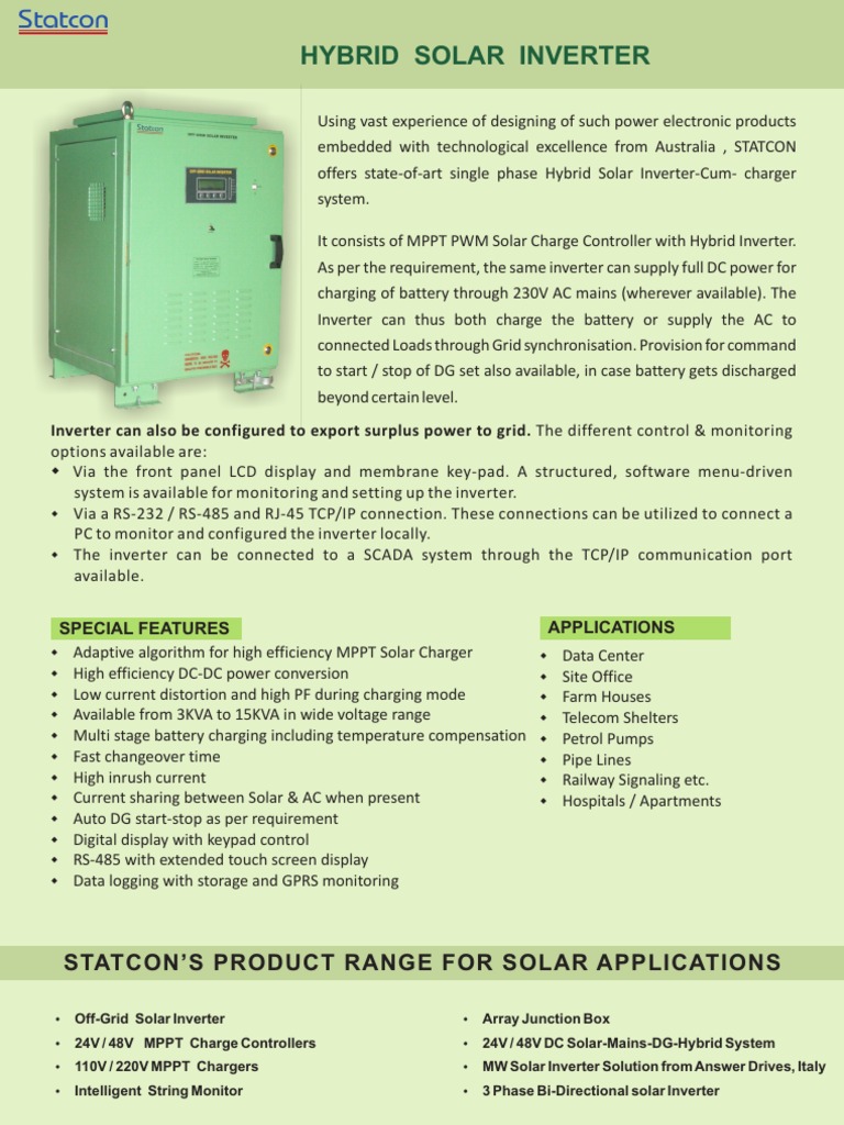 Hybrid Solar Inverter Specifications | PDF | Power Inverter | Battery ...