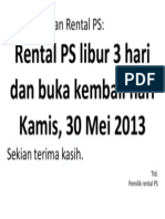 Rental PS Libur 3 Hari Dan Buka Kembali Hari Kamis, 30 Mei 2013