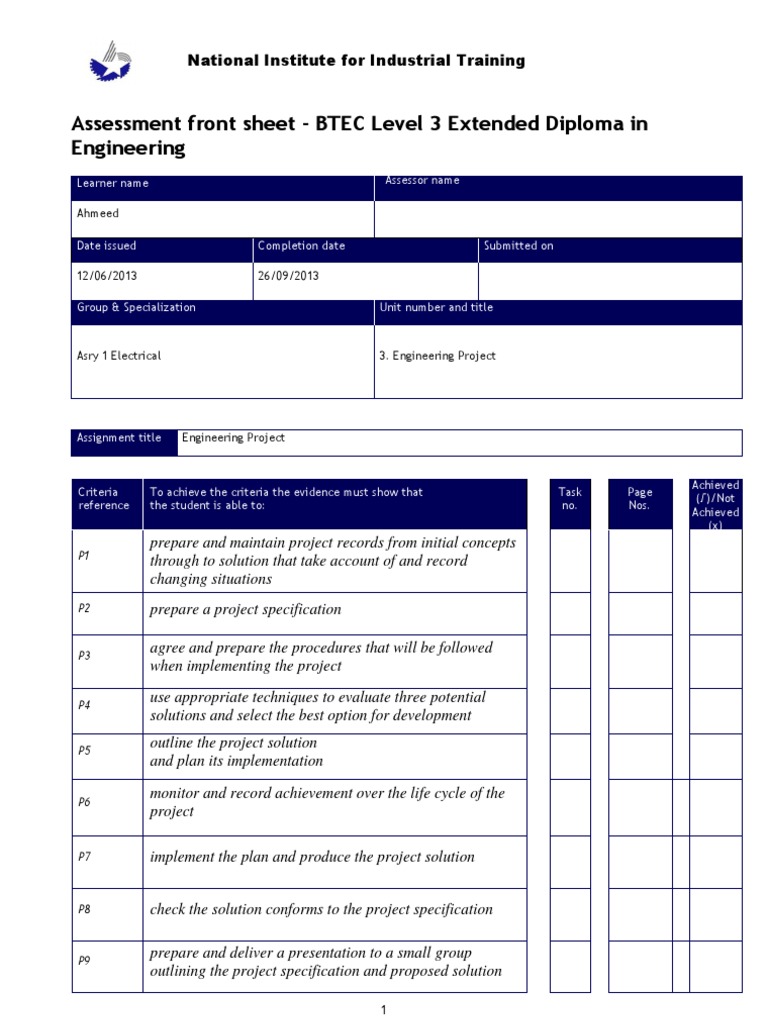 Engineering Project Specification (Technical Standard) Engineer