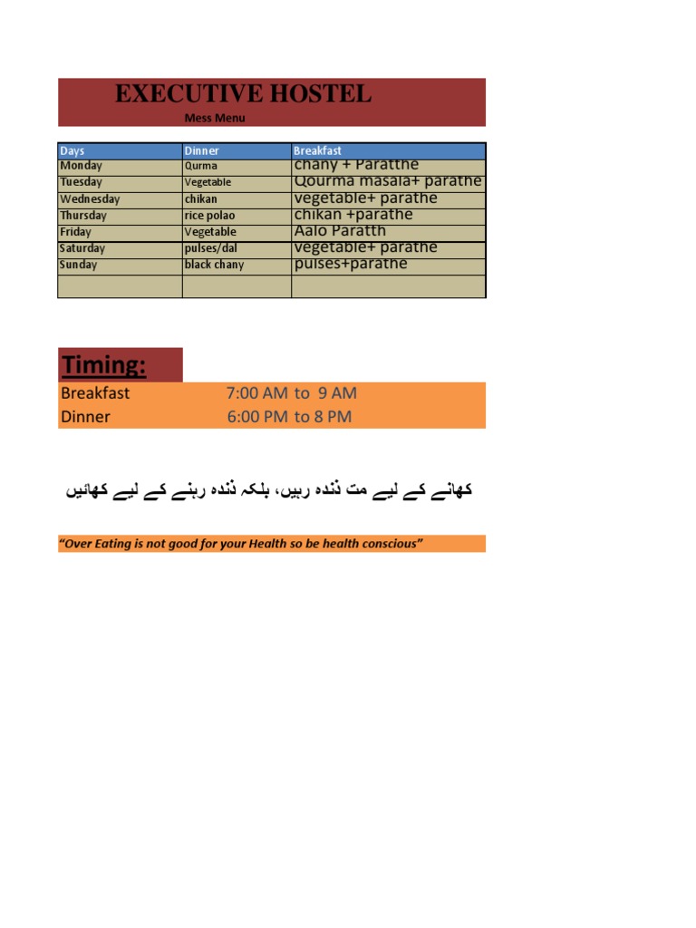Executive Hostel Weekly Mess Menu | PDF