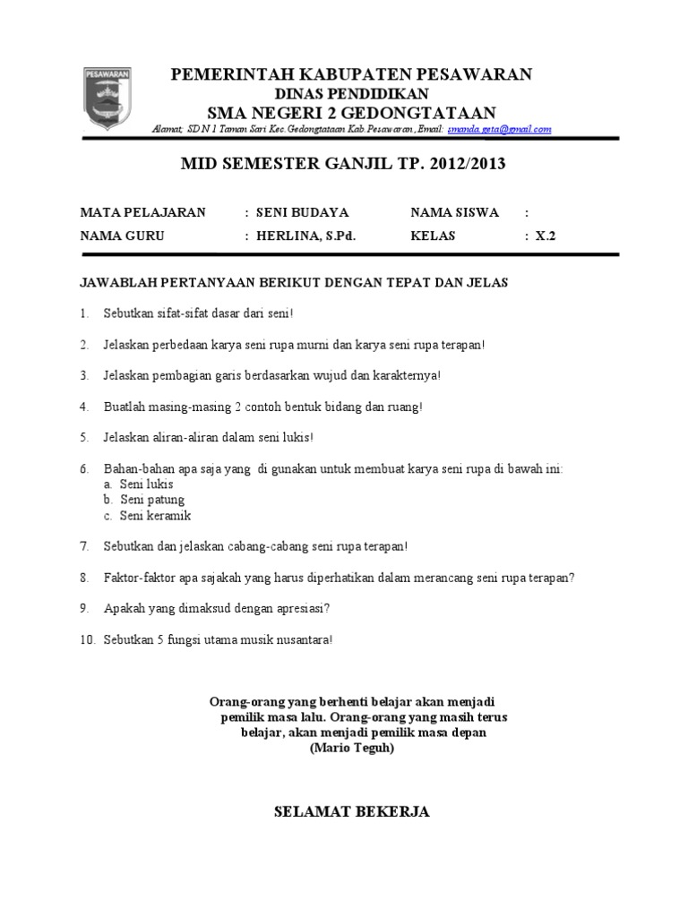 Soal Seni Budaya Mid Gnjil 2012-2013