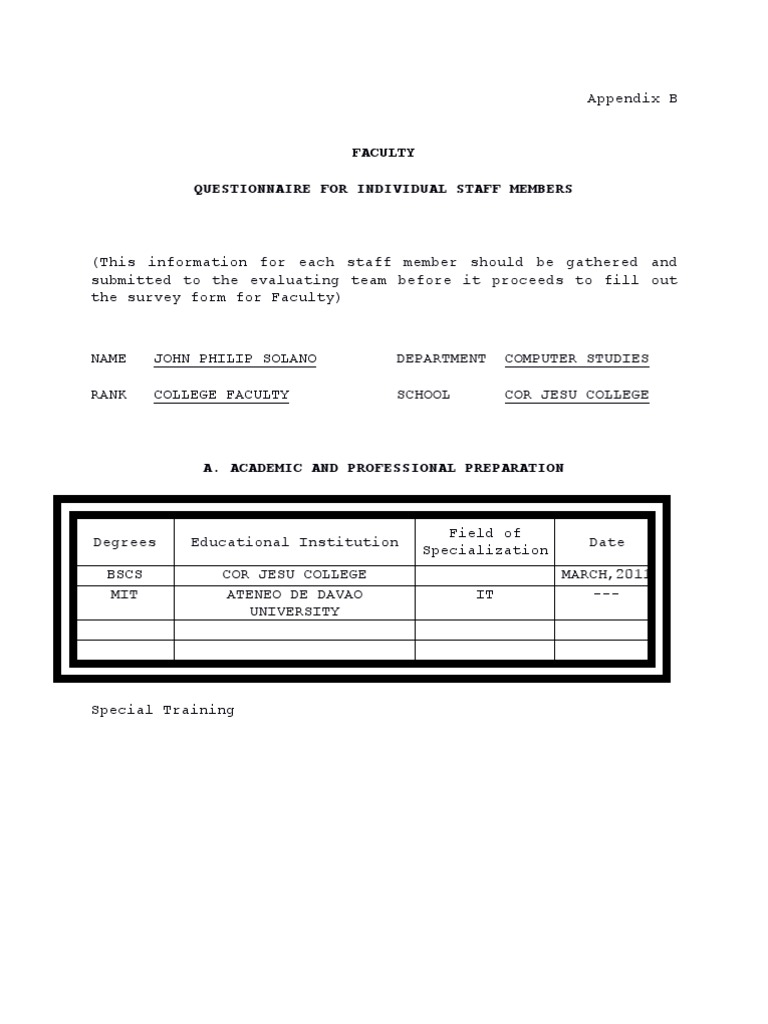 SOLANO - Appendix B Questionnaire | PDF