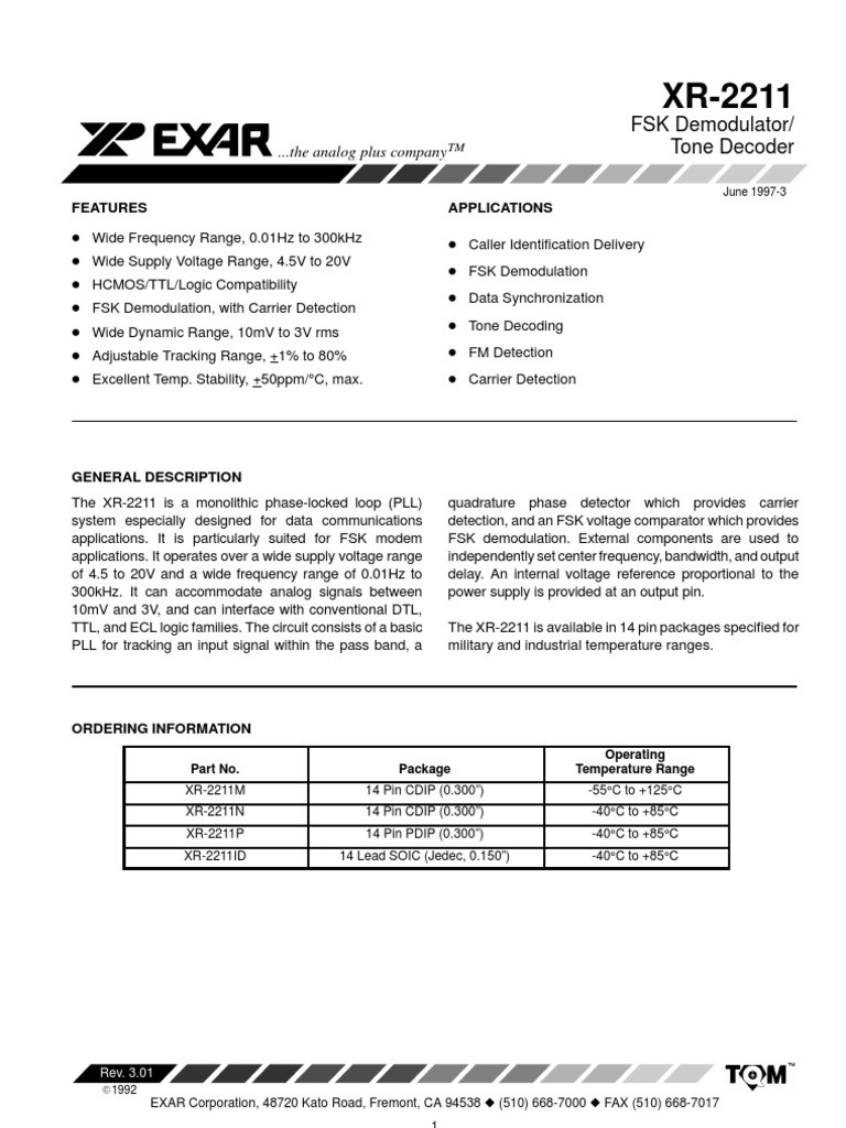 FSK Demodulator/ Tone Decoder: ... The Analog Plus Company | PDF ...