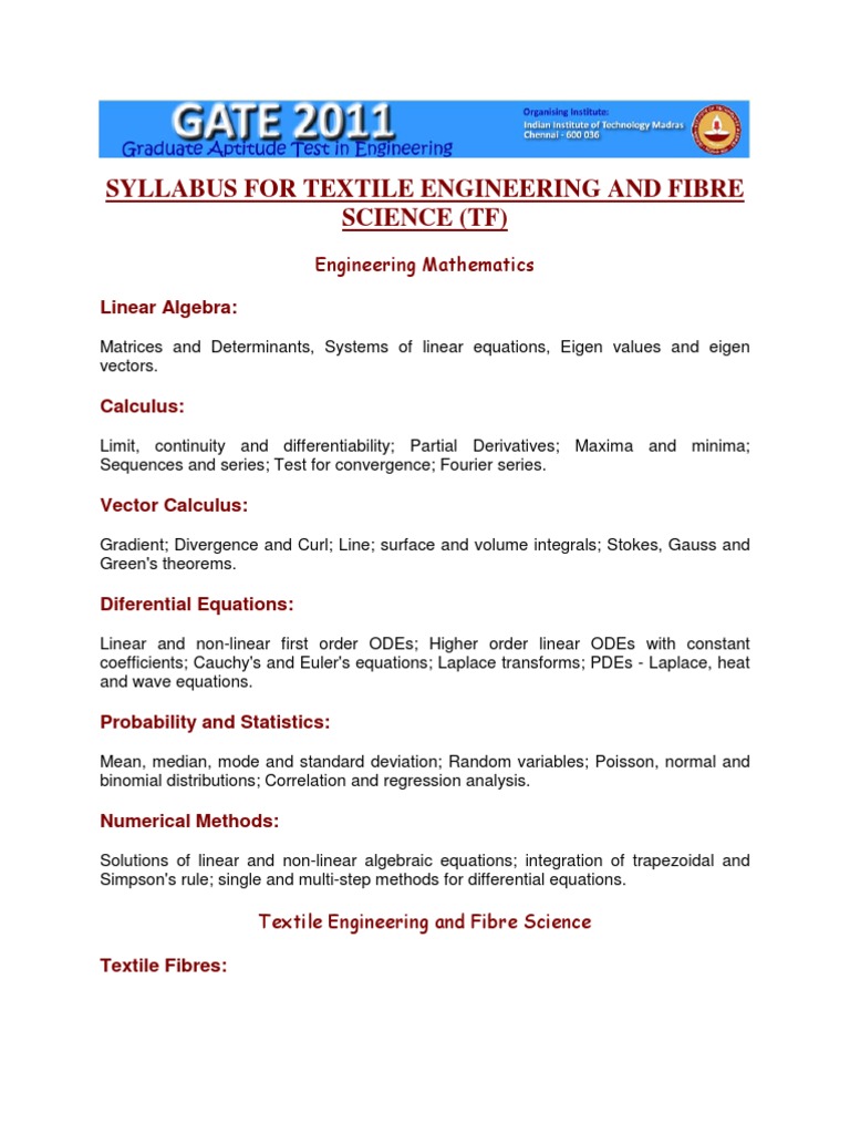 Syllabus For Textile Engineering and Fibre Science (TF) Linear