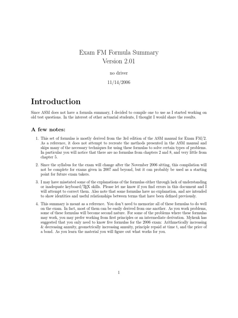 Exam FM Formula Summary: A Few Notes | PDF