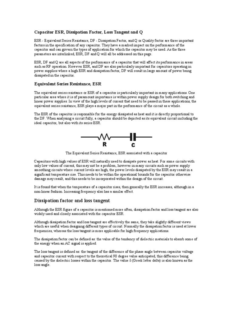 Capacitor ESR, Dissipation Factor, Loss Tangent and Q Download Free
