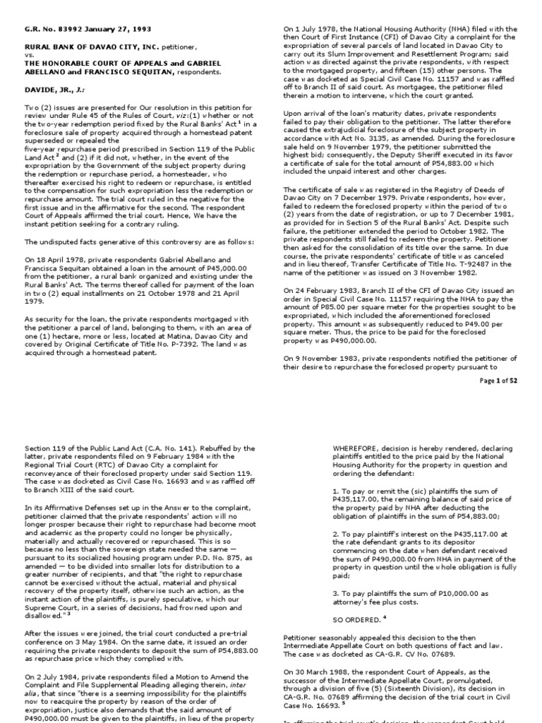 Rural Bank foreclosure dispute over redemption period PDF