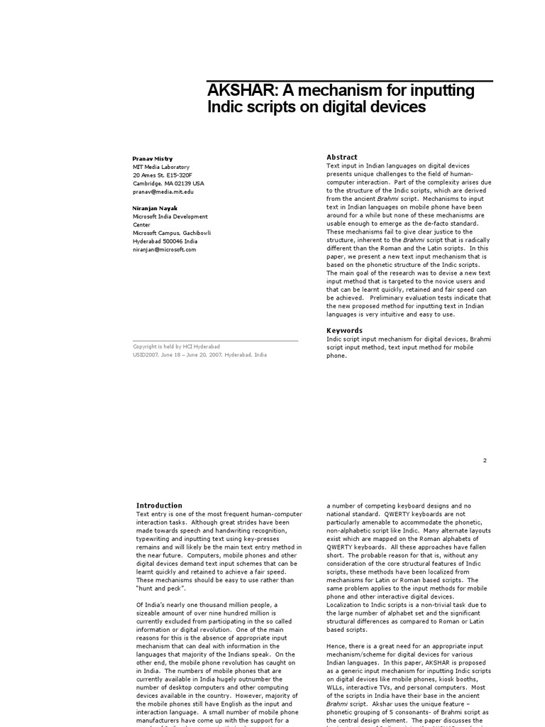 AKSHAR: A Mechanism For Inputting Indic Scripts On Digital Devices ...