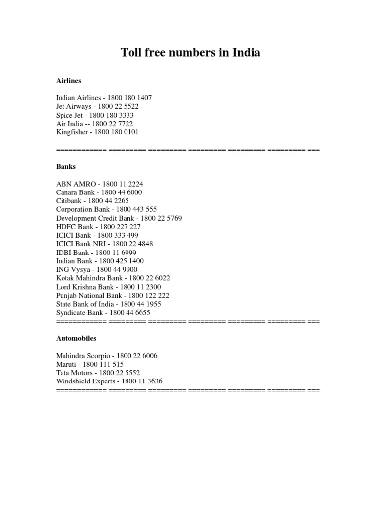 Toll Free Numbers in India PDF