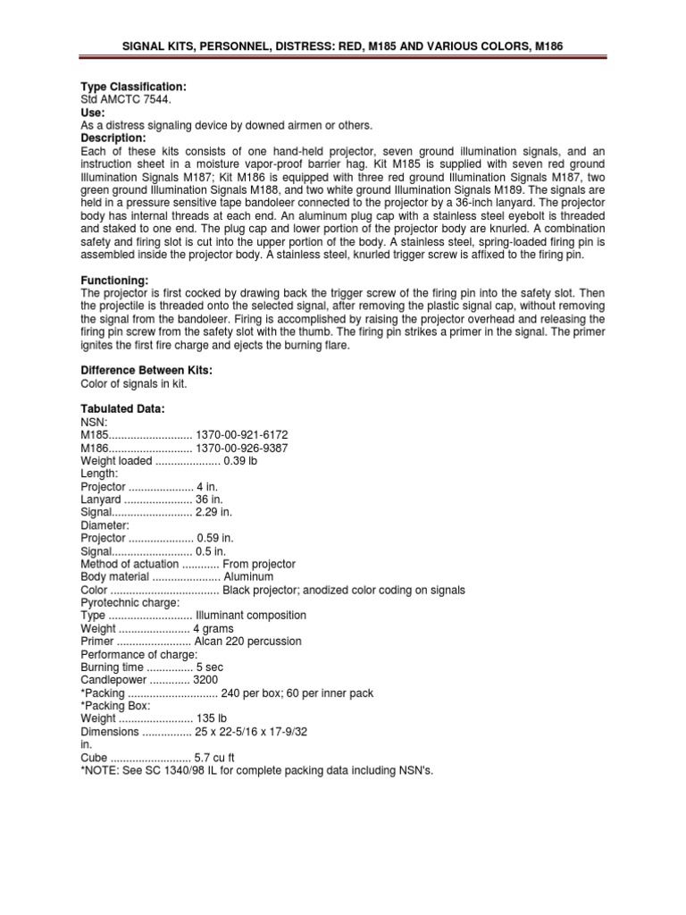 Signal Kits Personnel Distress Red m185 and Various Colors m186 PDF