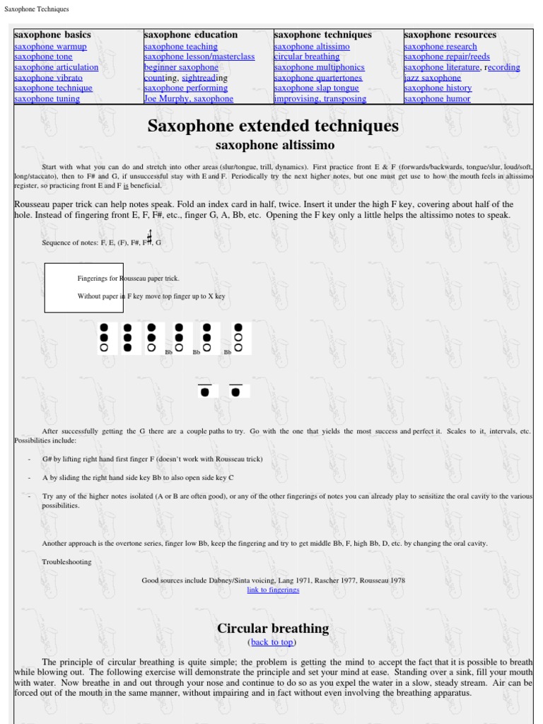 Saxophone Techniques PDF Saxophone Breathing