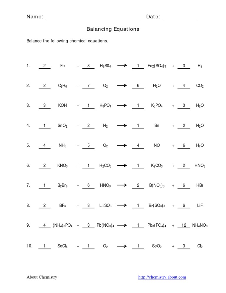 Balance Chemical Equations Worksheet 1 (KEY) | PDF | Chemistry