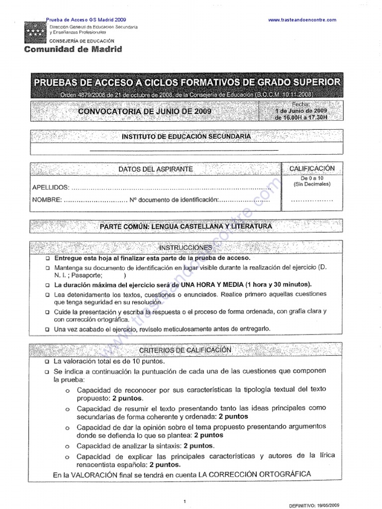 Prueba de Acceso Grado Superior Madrid 2009