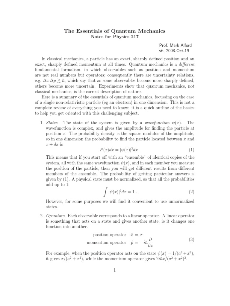 Essentials of QUANTUM MECHANICS PDF Wave Function Hamiltonian