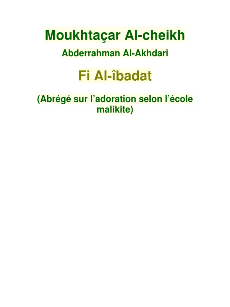 Moukhtaçar sur l'Adoration Malékite | PDF | Prière | Expérience et ...