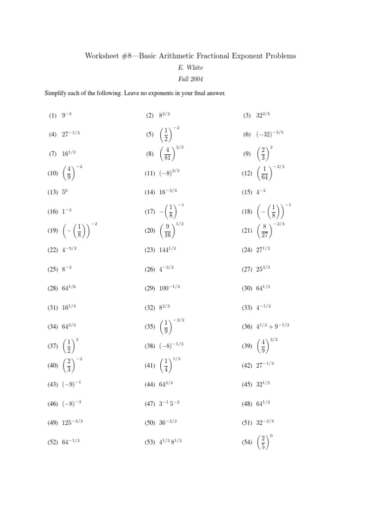Fractional Exponent Problem Worksheet | PDF