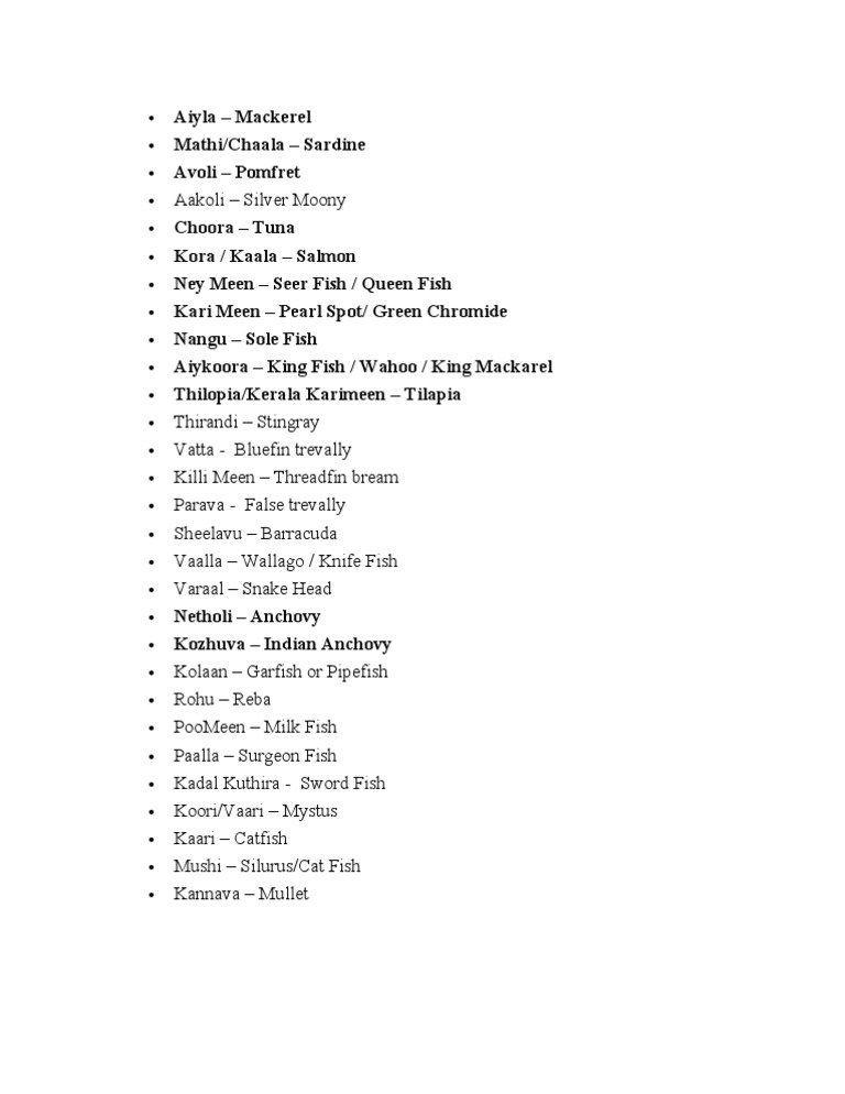 Malayalam English Fish Names