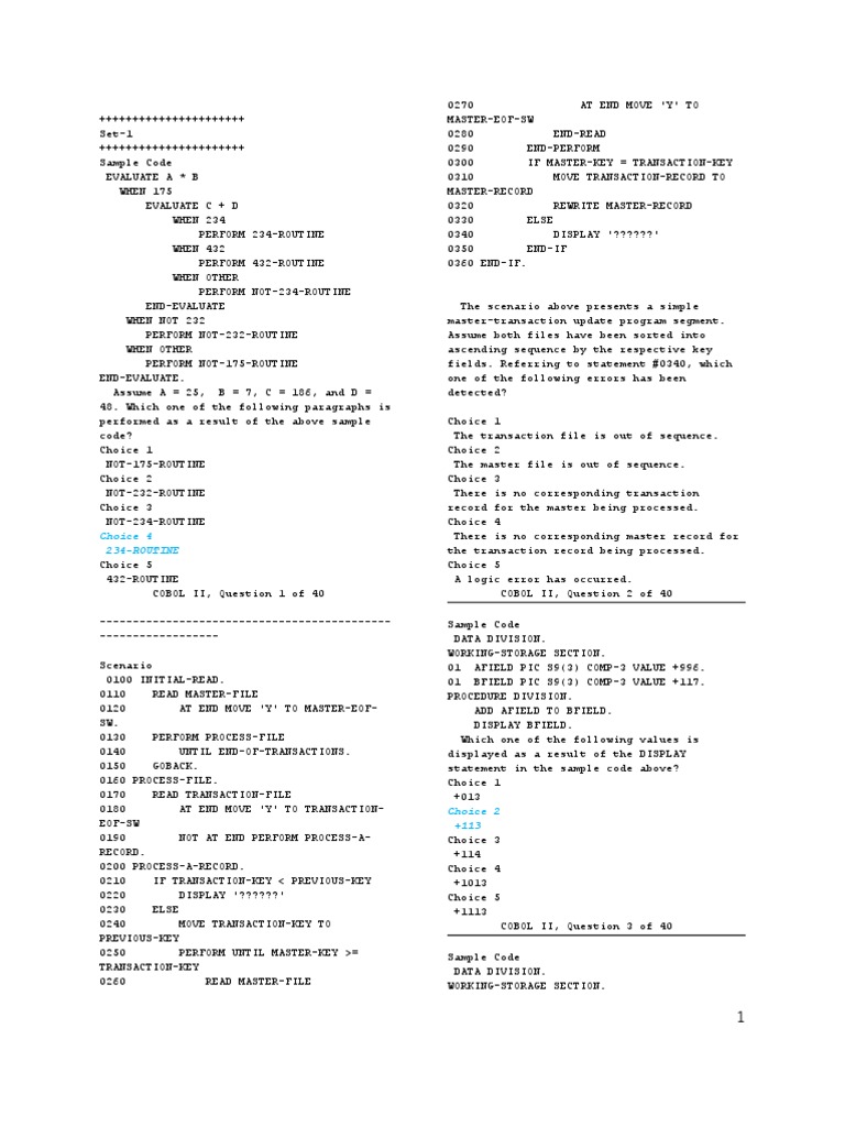 Cobol Brainbench Set1 2 3 4 Compiler Computer Engineering