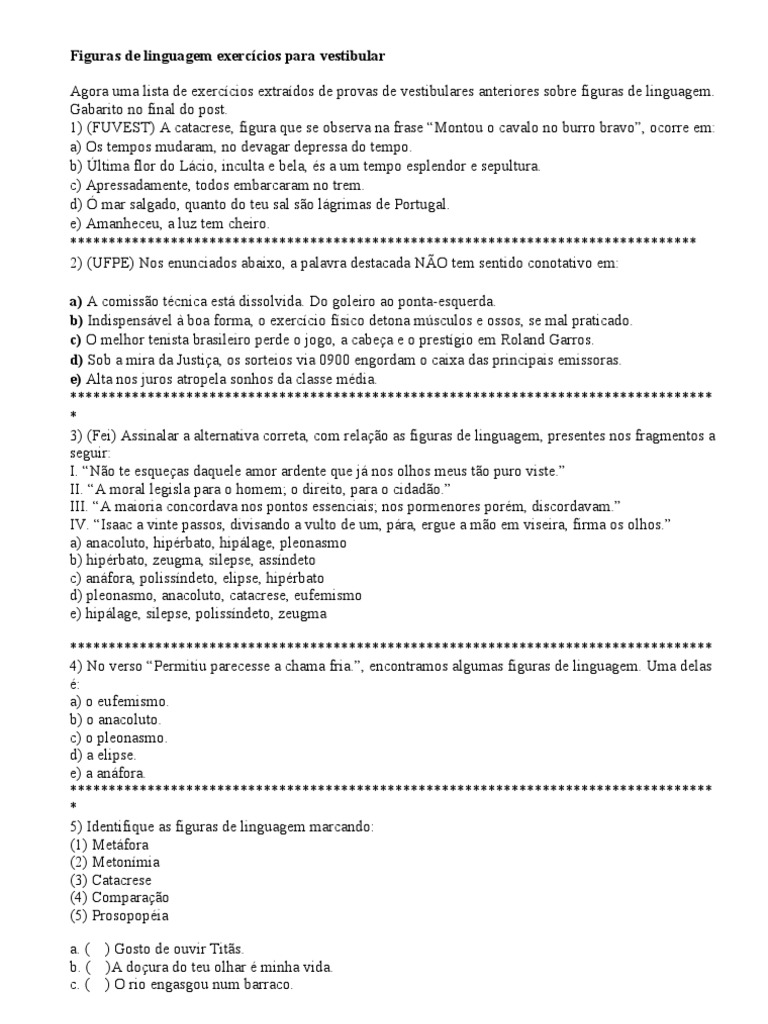 Figuras de Linguagem Exercícios para Vestibular | PDF | Técnicas de ...