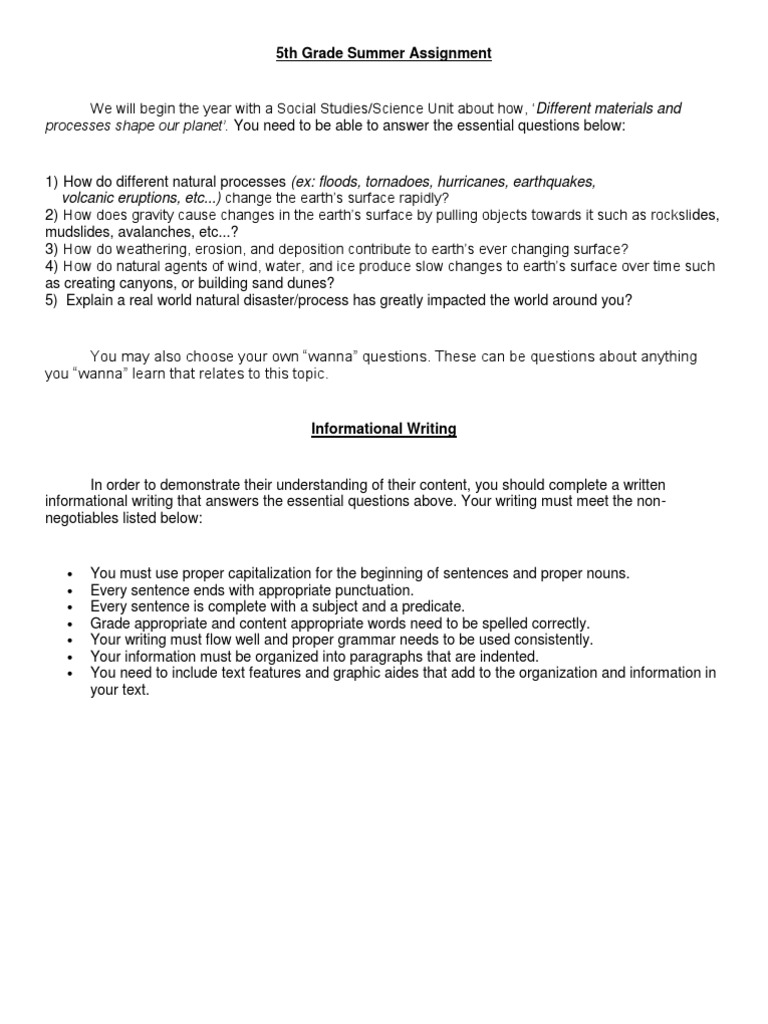 5th Grade Summer Assignment Guide | PDF | Earth | Podcast