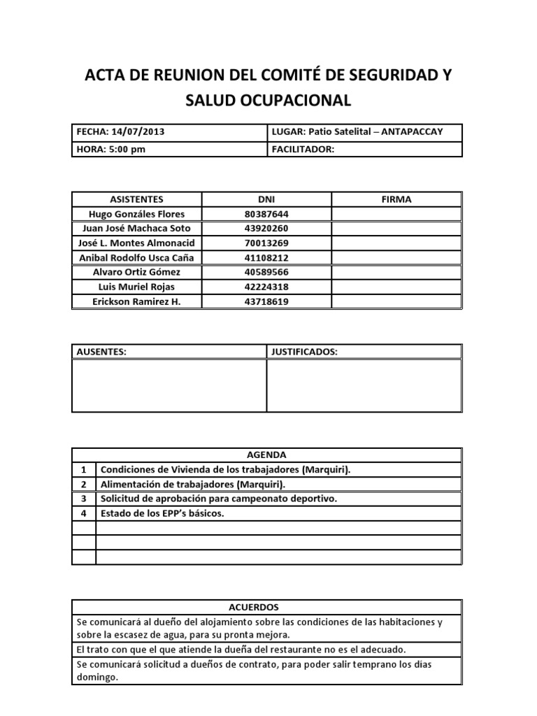 Acta de Reunión Comité Seguridad y Salud | PDF | Cocina, comidas y vino