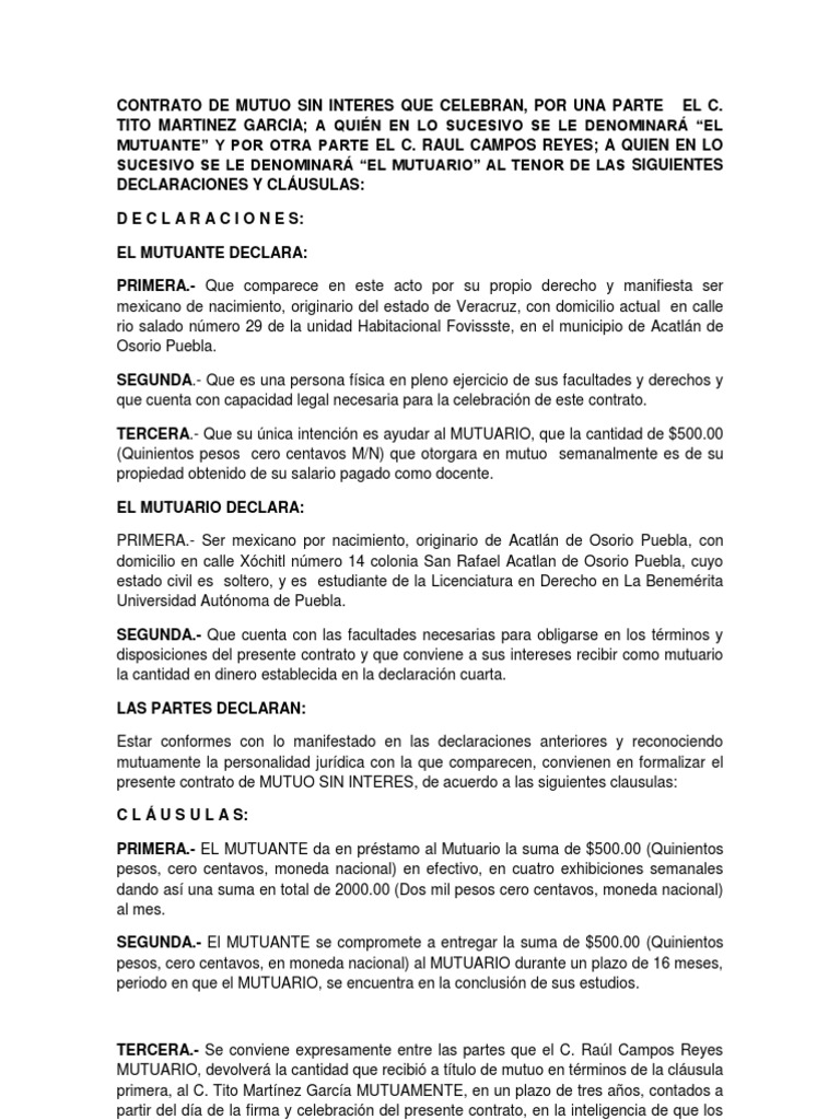 Contrato de Mutuo Sin Interes Que Celebran Pagos Gobierno