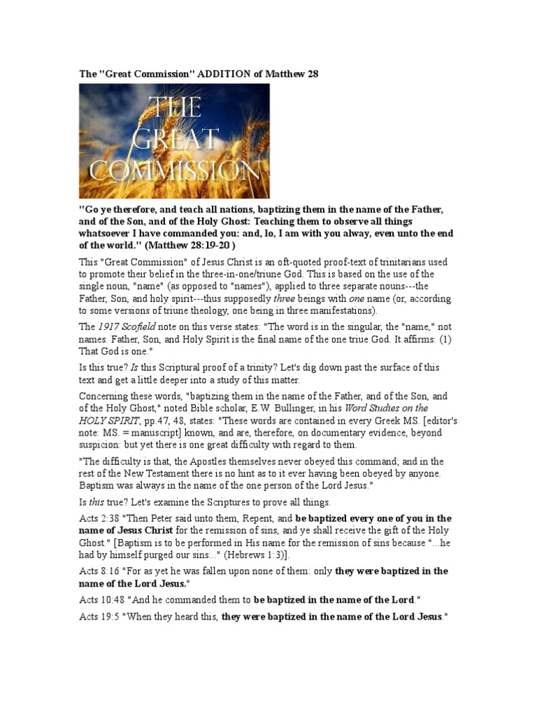 The Great Commission ADDITION of Matthew 28 | PDF | Trinity | Baptism